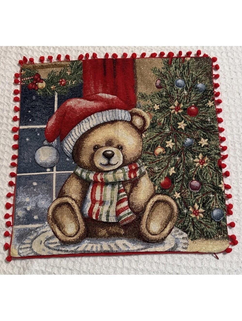 Christmas Teddy Bear Tapestry Accent Throw Pillow Cover 17 X 17